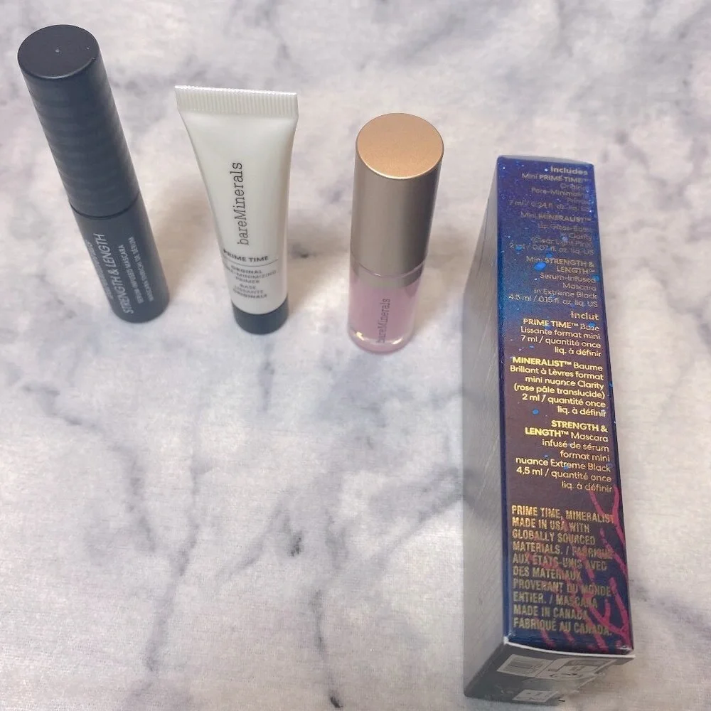 BareMinerals Natural Radiance Prime Set- Primer,Mascara, Lip Gloss-3pc-BOXED-NEW